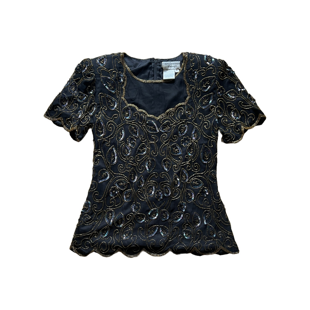 Vtg Pappell 100% Silk Beaded Top Size L Whimsigoth Victorian Party Glam Royal